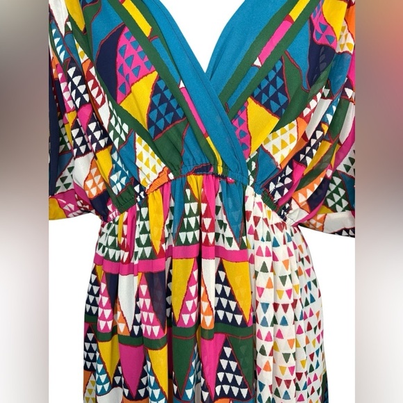 Maeve Anthropologie Semi Sheer Geometric Dress sz 4 V-Neck Cinch Shoulders Blue - Picture 5 of 11